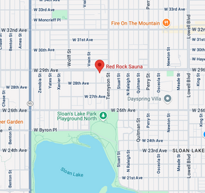 Map of a neighborhood with Red Rock Sauna marked on it
